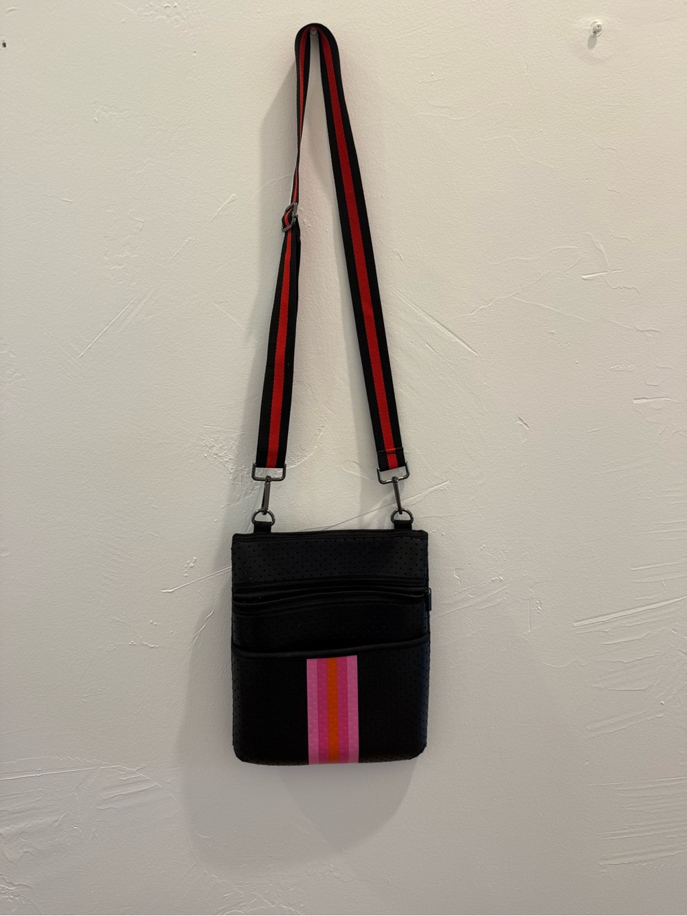 Black Crossbody Bag with Pink Stripe neoprene